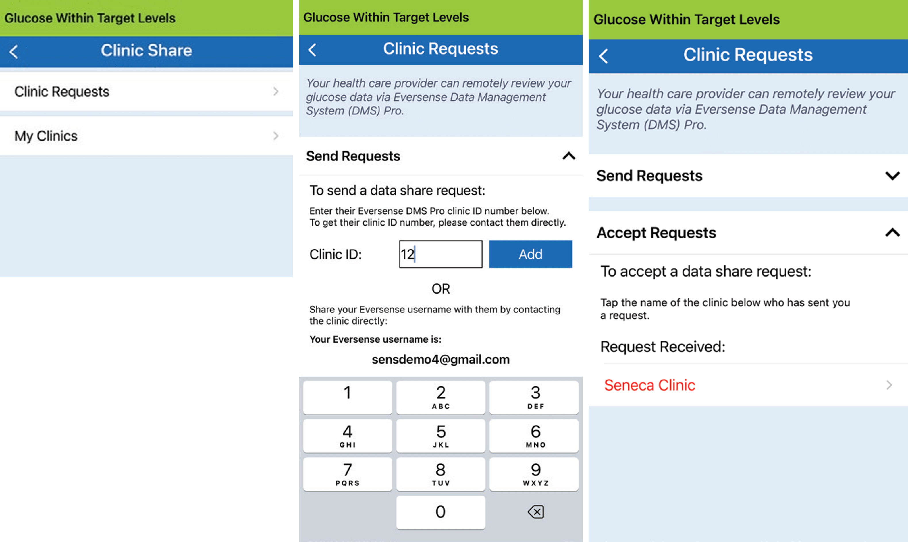 Three mobile app screens for sharing glucose data with clinics