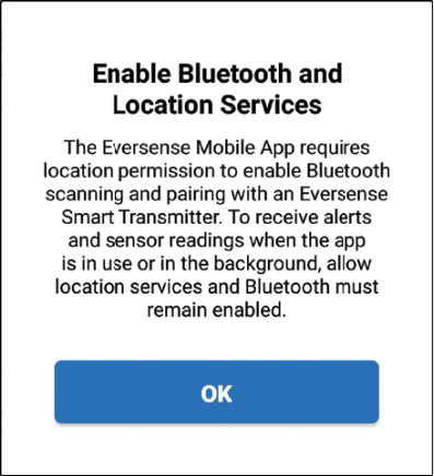Popup message instructing to enable Bluetooth and Location Services for Eversense app pairing