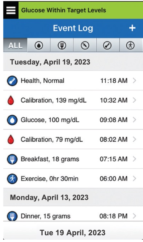 Event log displaying glucose levels, health status, meals, and exercise. 