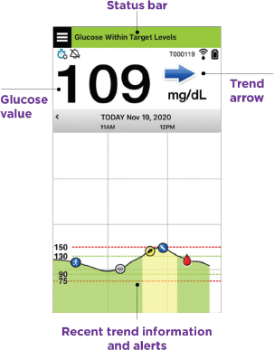 Blood glucose monitor displays 109 mg/dL with a right-pointing trend arrow. A graph shows glucose levels over time.